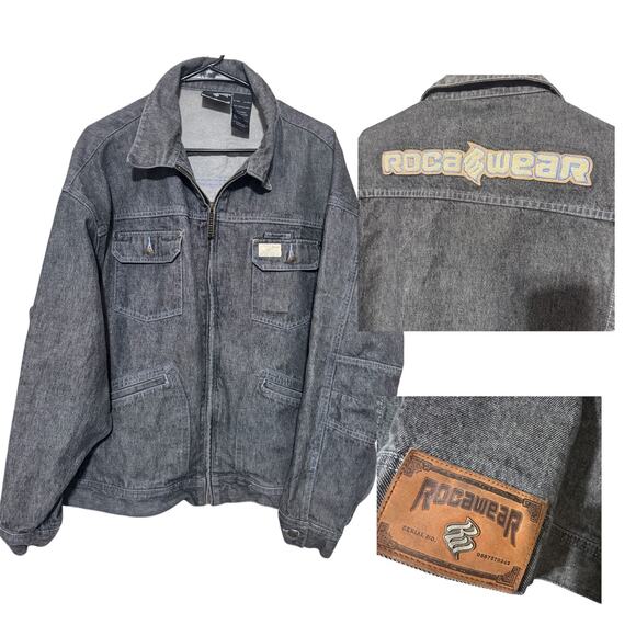 Vintage Rocawear Denim Trucker Jacket Mens 2XL Grey Jean full zip Y2K spell out - Picture 1 of 11